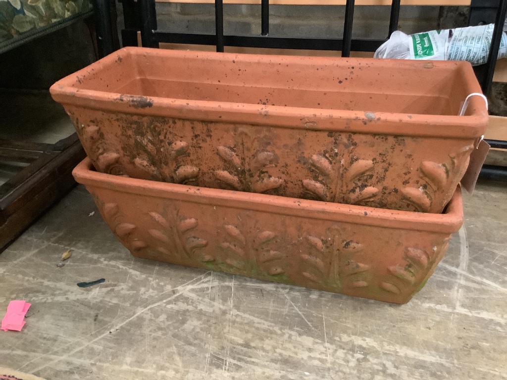 A pair of rectangular terracotta planters, width 52cm height 18cm